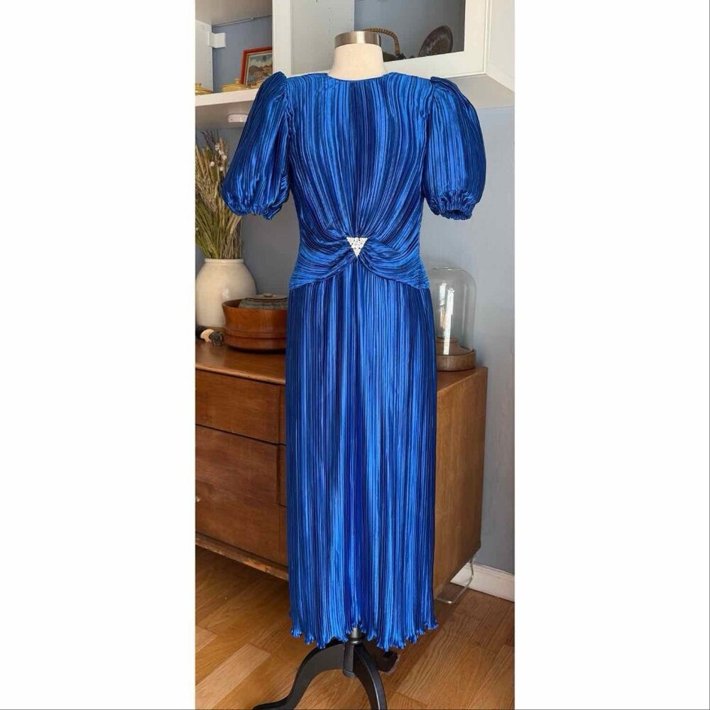 Vintage 80’s Nuit Pleated Cocktail Party Dress Puff Sleeves Blue Rhinestone